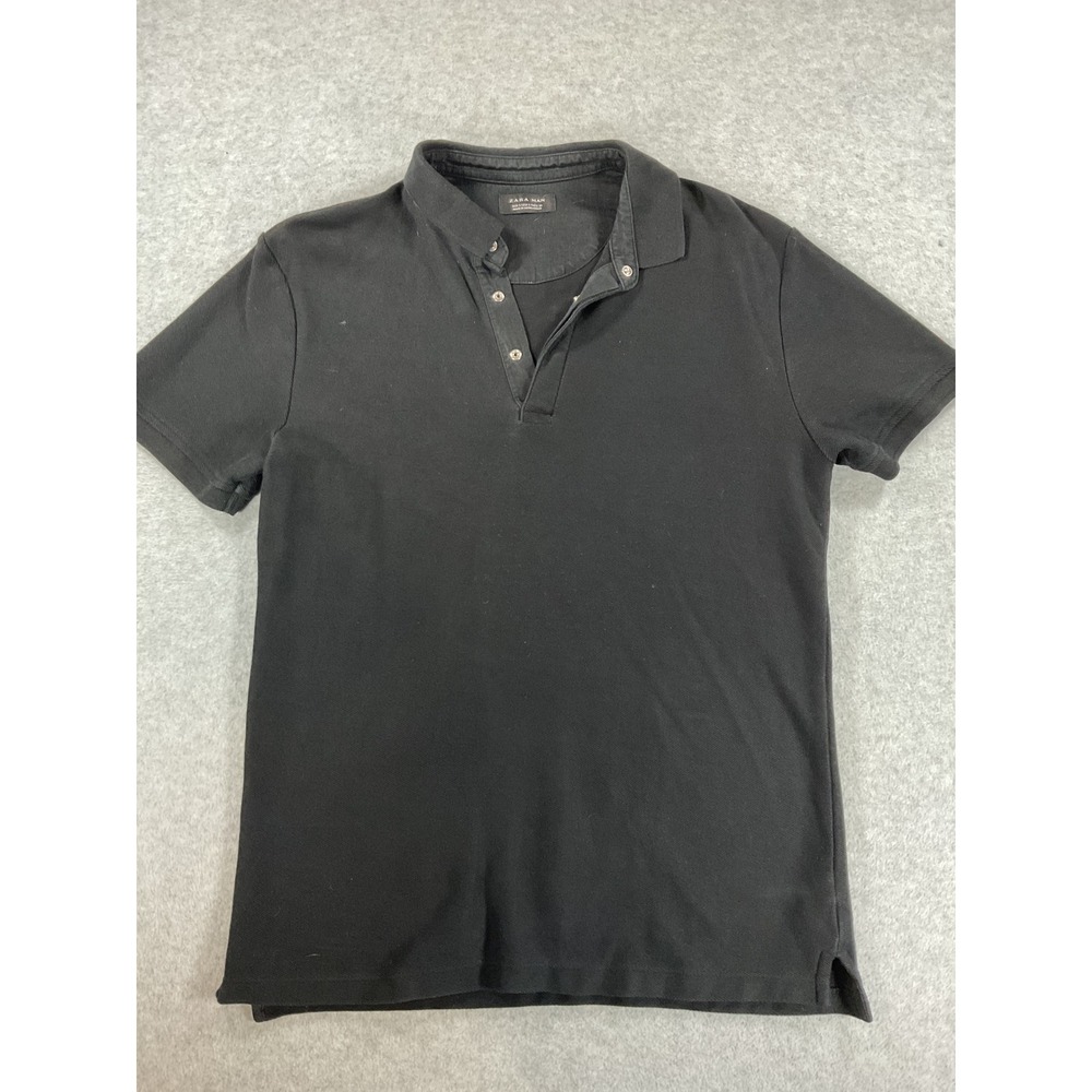 Zara Man Polo Shirt Mens Small Black Short Sleeve Snap Button Pique Casual 2609